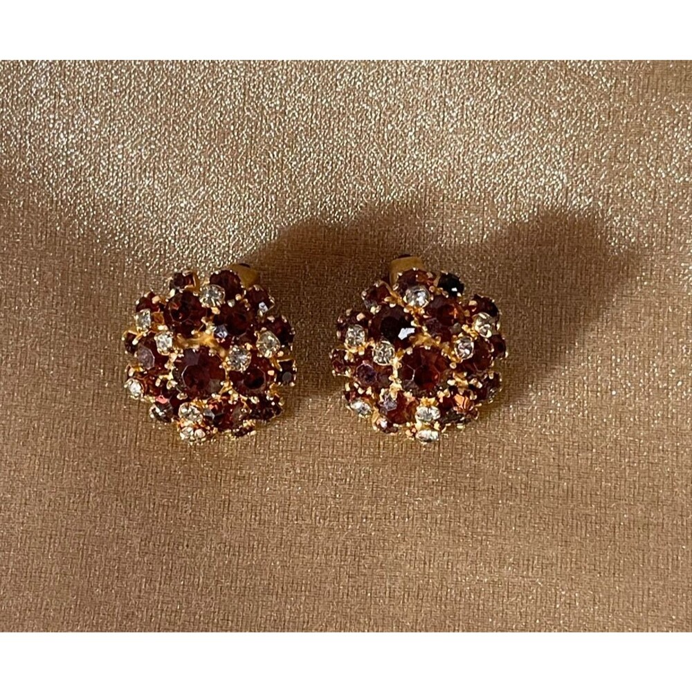 Vintage 50s Brown Crystal Earrings 1950s Retro Austria Button Round Clip Ons